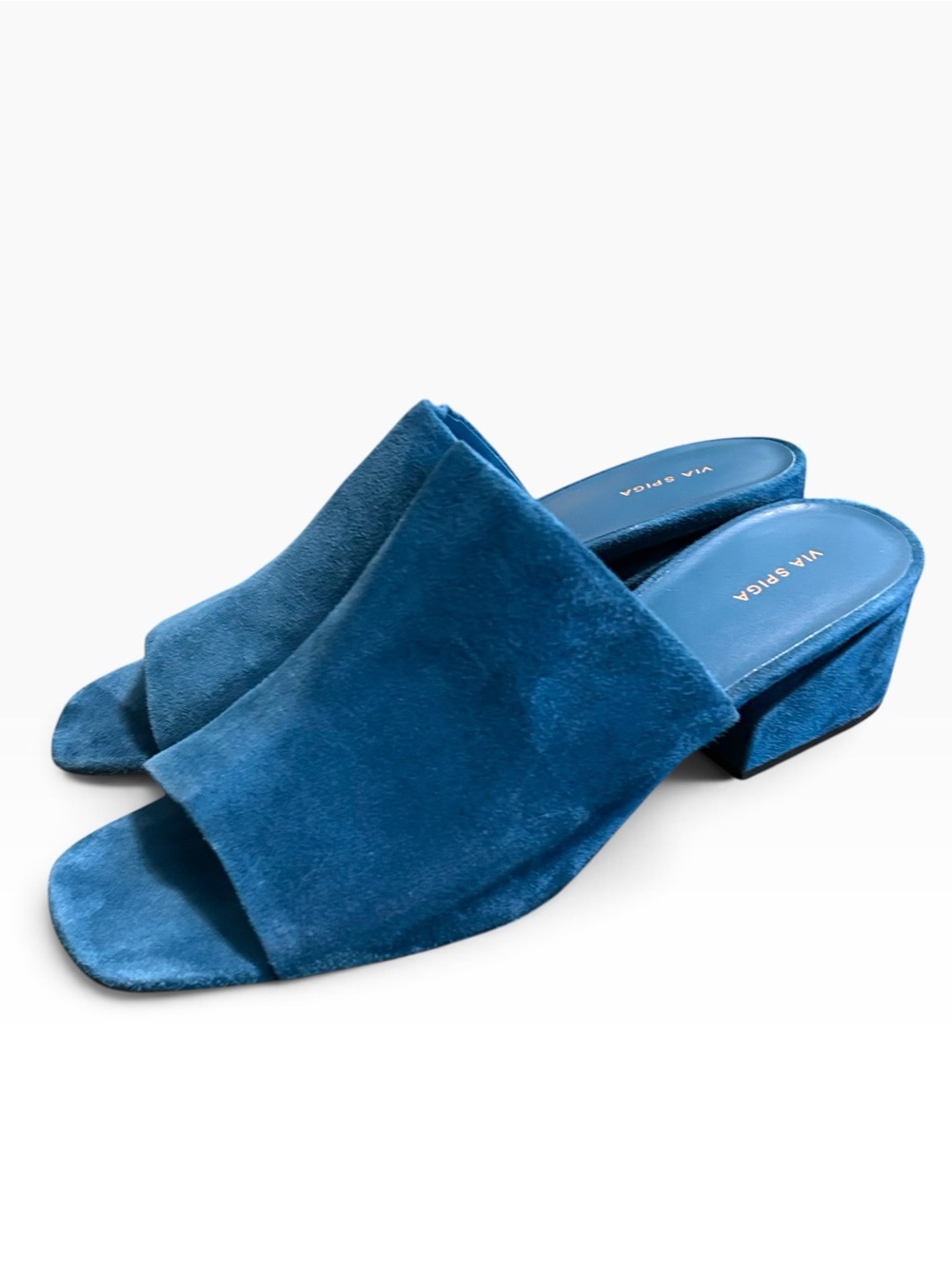 Via spiga 11 porter suede leather slide heel sandals square toe blue block heel